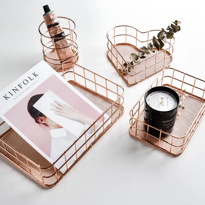 Nordic Gold Metal Iron Makeup Pen Storage Basket Office Desktop Sundries Makeup Brushes Holder Table Cosmetics Organizer Rack 2