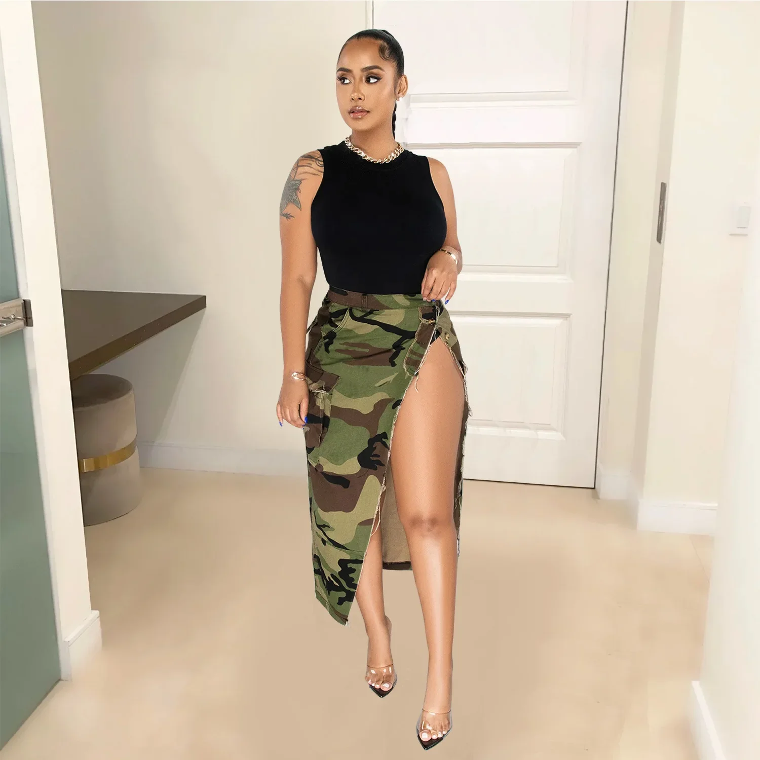 

2023 Summer Fashion Sexy Women Camouflage Army Green Oblique Opening Long Half Skirt