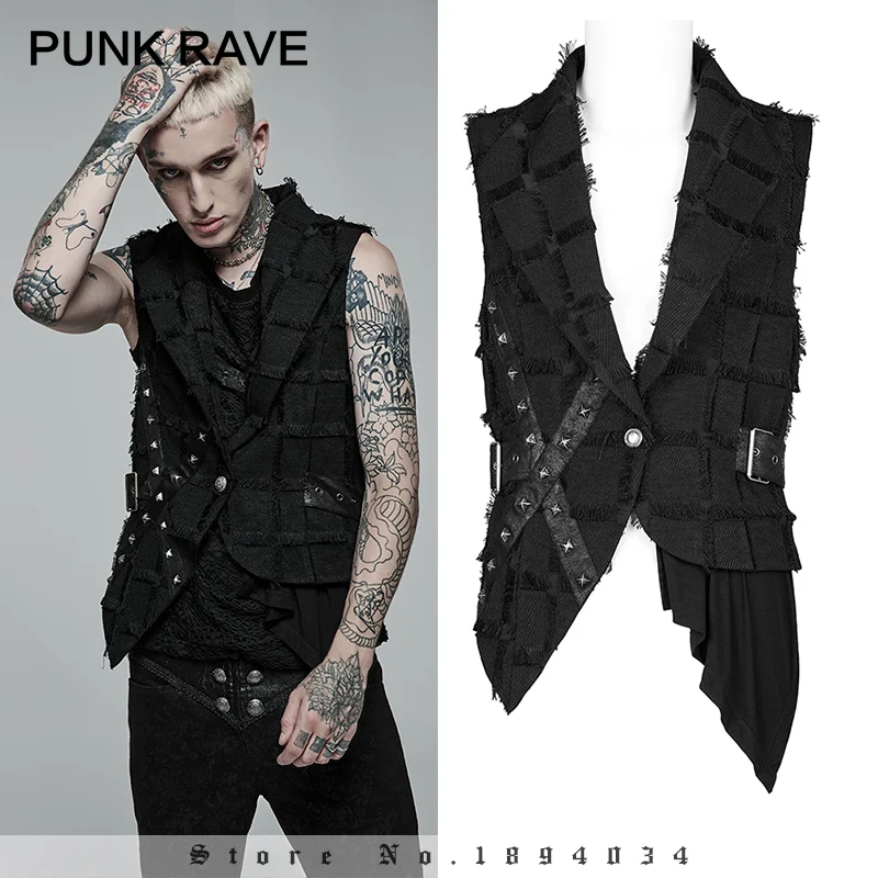 

PUNK RAVE Men's Gothic Asymmetric Personality Twill Black Vest Back Hollow Out Design Casual Handsome Tank Top Four Seasons