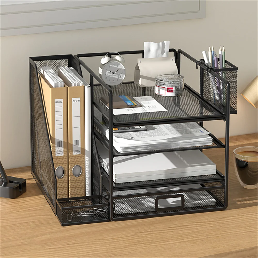 Organisateur de bureau avec porte-fichiers, organisateur de plateau à 4 lettres avec tiroir coulissant et 1 porte-stylo, organisateur de bureau en maille métallique