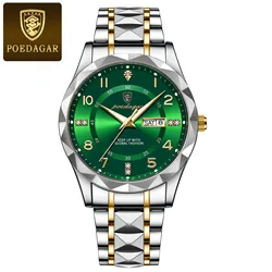 Luxury Men's Waterproof Stainless Steel Quartz Watch with Luminous Display and Date Function (Gold Green)