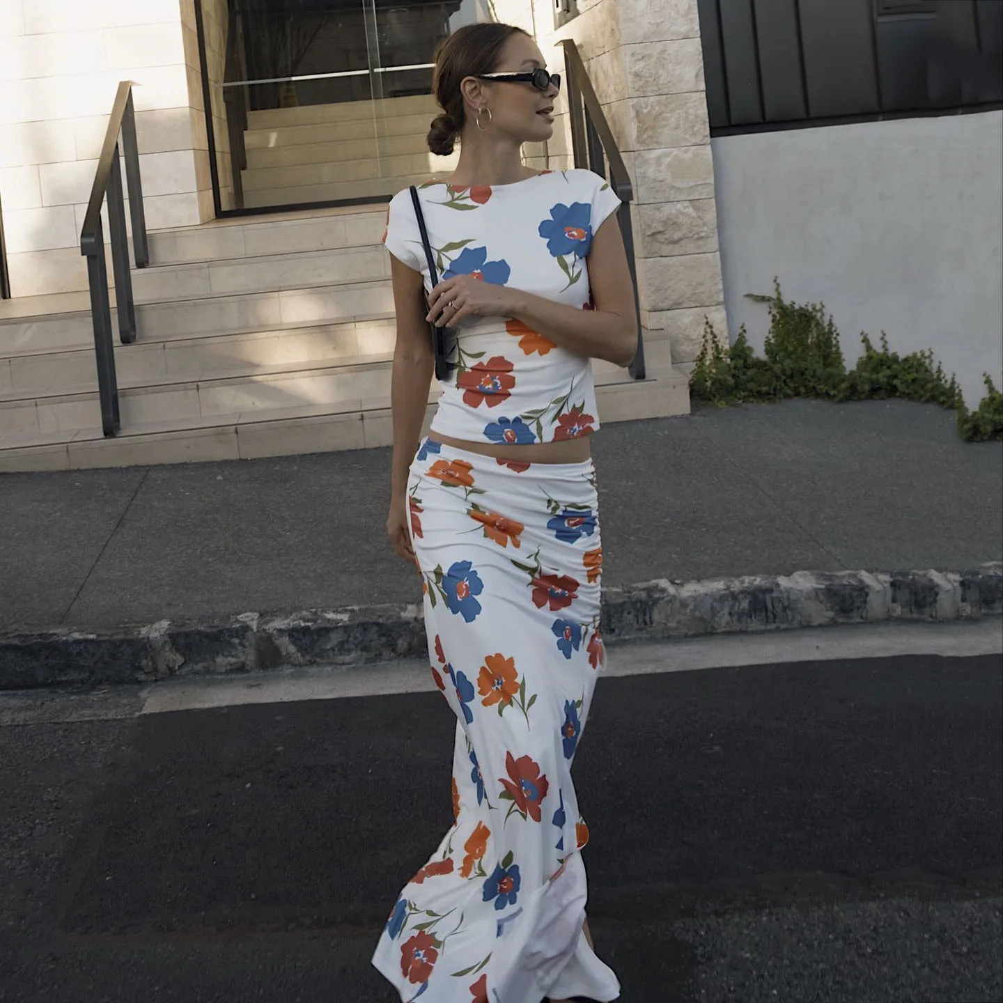 

Hirigin женские летние юбки, наряды, цветочный принт, короткий рукав, женские топы, длинная юбка с разрезом, комплект одежды из 2 предметов