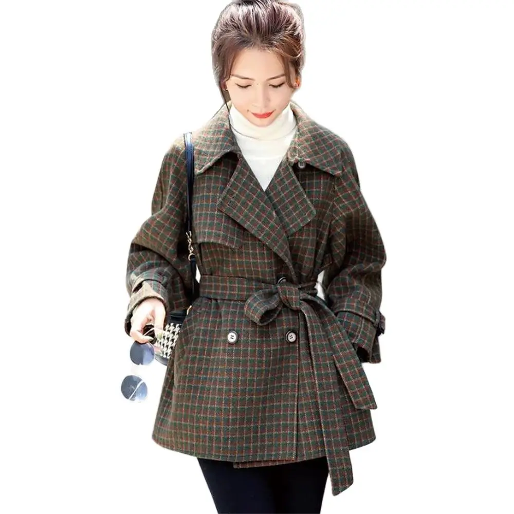 

2023 Mid-Length Outerwear Autumn Clothing Winter Woolen Coat Houndstooth Suit Woolen Overcoat Women With Cotton Tops Cloak Loose