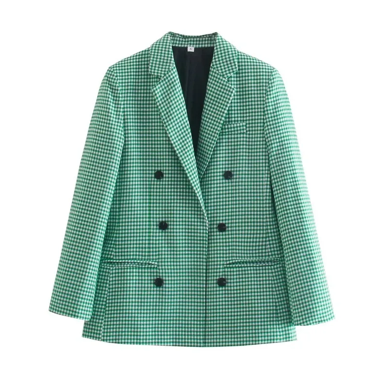 British Style Retro Plaid Blazer Suit  Women Simple Mid Length Double Breasted Casual Office Blazers Lady Work Commute Suit