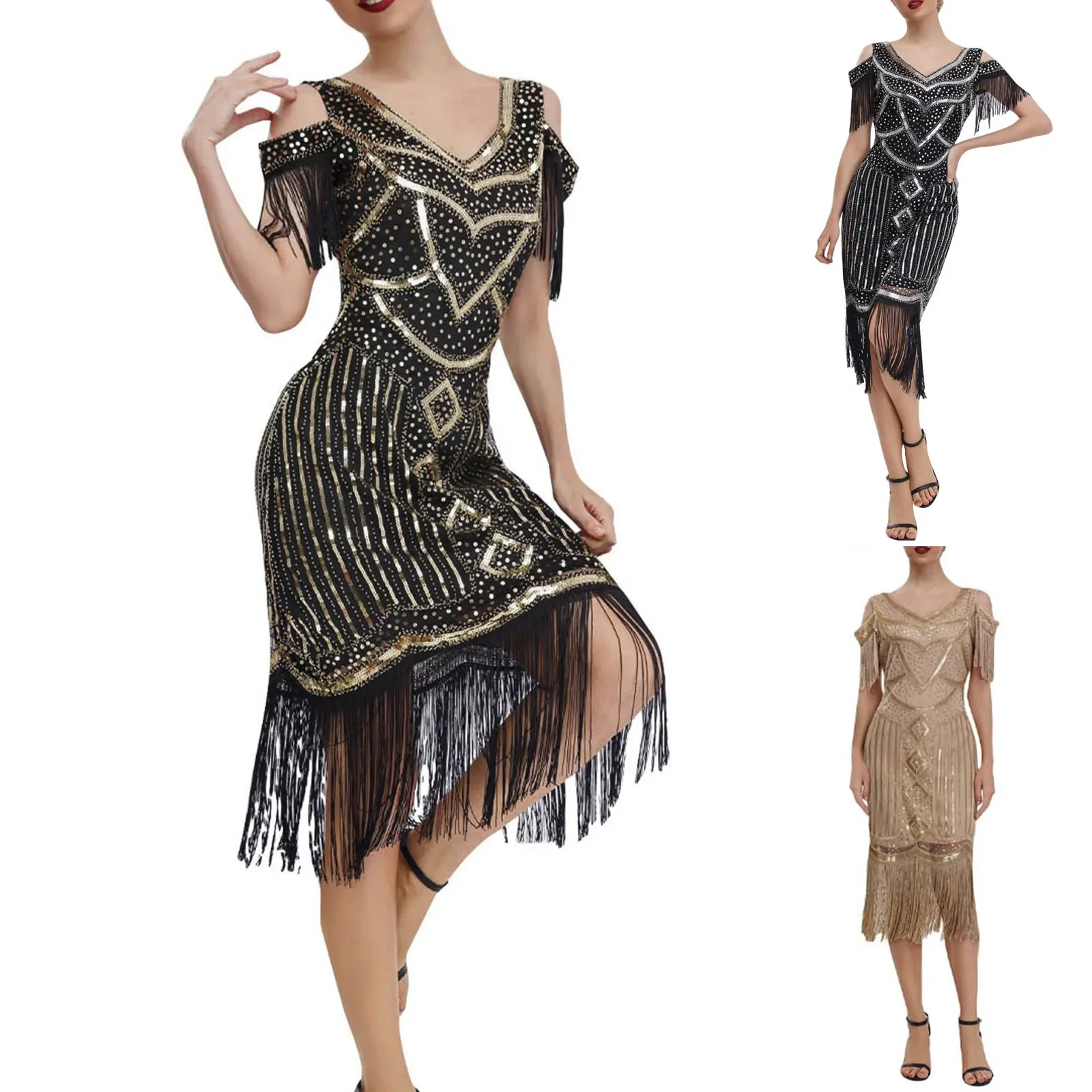 

Women 1920s Flapper Dress Vintage Fringe Long Dress Sexy V Neck Sequin Beaded Dress Great Gatsby Evening Party Dresses Vestidos