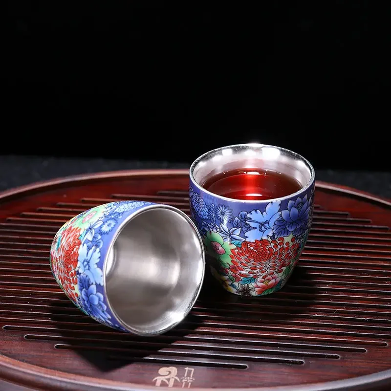 999 Pure Silver Handmade Gilt Porcelain Teacups Color Enamel Master Drinkware Ceramic Retro Teaware 90ml
