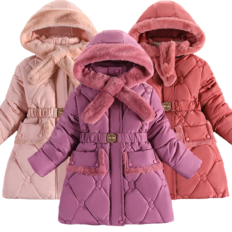 

3-14 Years Winter Keep Warm Girls Jacket Thick Scarf Decoration Padded Lining Hooded Heavy Coat For Kids Children Outerwear