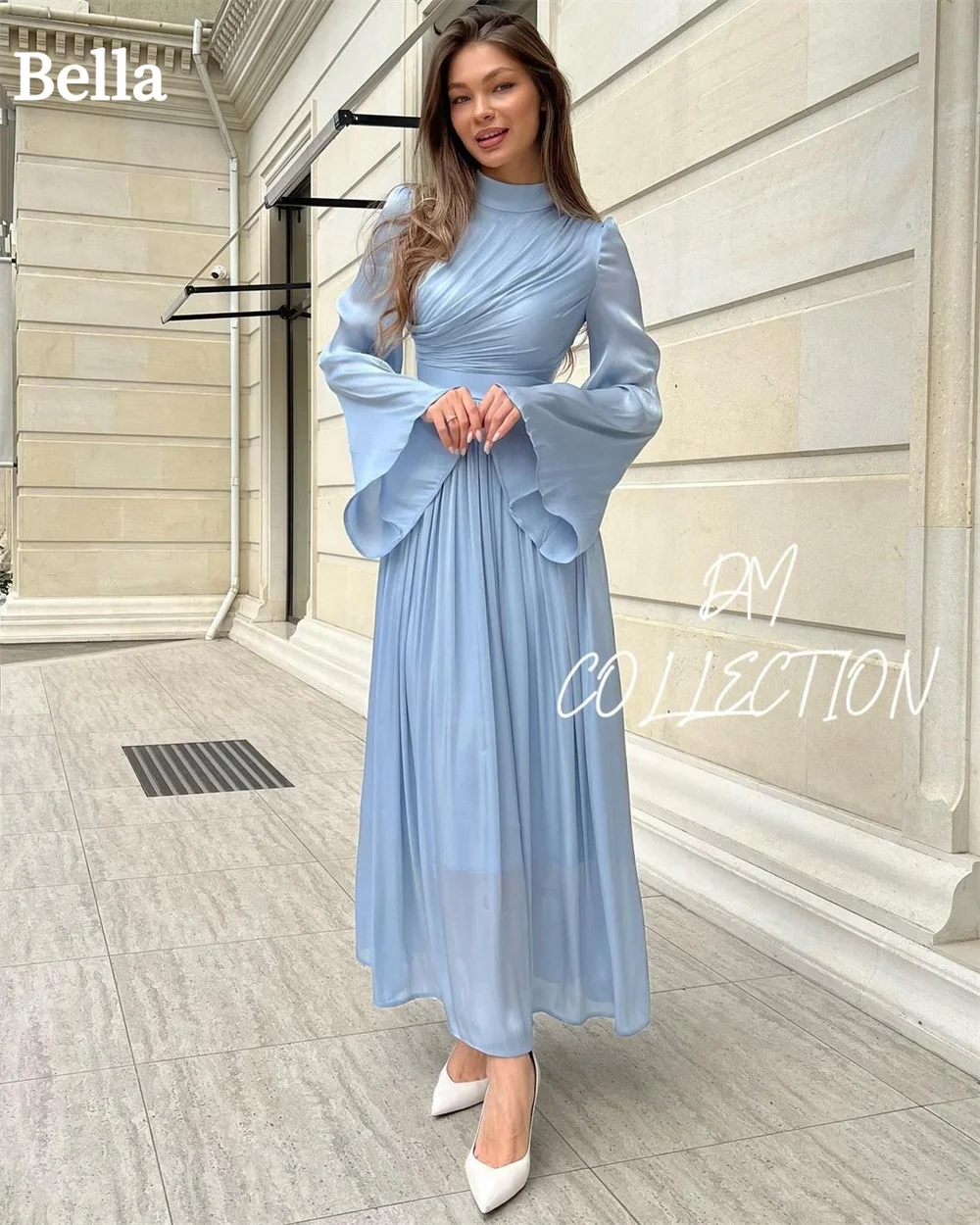 

Bella Light Blue Prom Dresses High Neck Modest A-line Wedding Dress Elegant Long Sleeves Chiffon Pleats Vestidos De Fiesta 2024