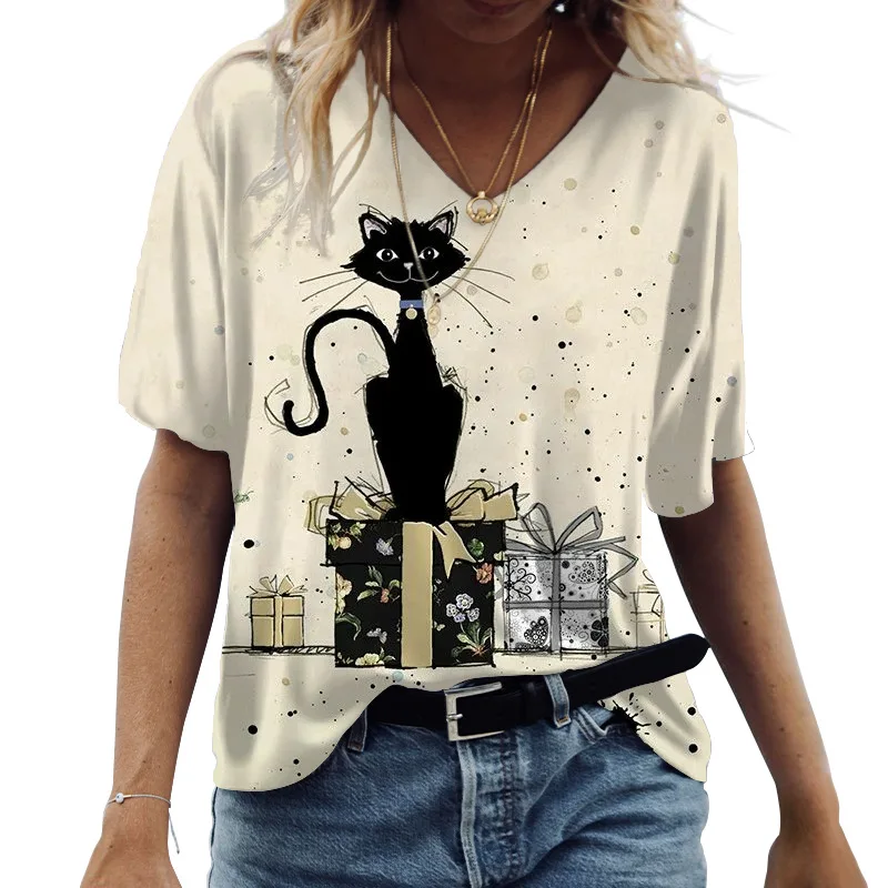 Funny Cat Printing T Shirt For Women's Fashion Animal Harajuku Clothes Oversized Short Sleeve Tees Casual V-neck Woman Tops 2023 -S248dd0bdffe6495f87870939aea85af1X