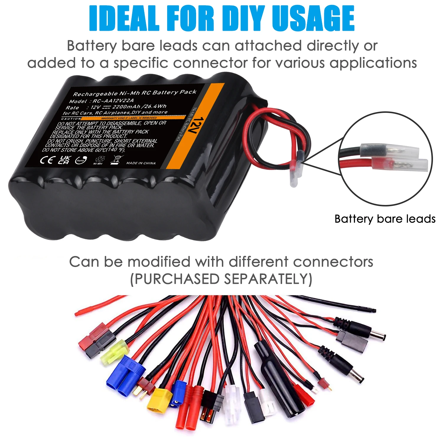 Batterie NiMH 12V 2200mAh pour voiture RC, vue de côté montrant les languettes de connexion.