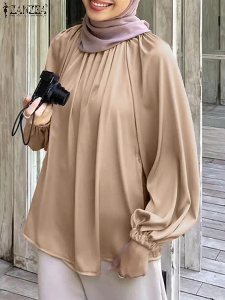 

ZANZEA Stylish Women Summer Long Sleeve Muslim Tops Elegant Solid OL Work Satin Blouse Islamic Clothing Marocain Shirt Blusas
