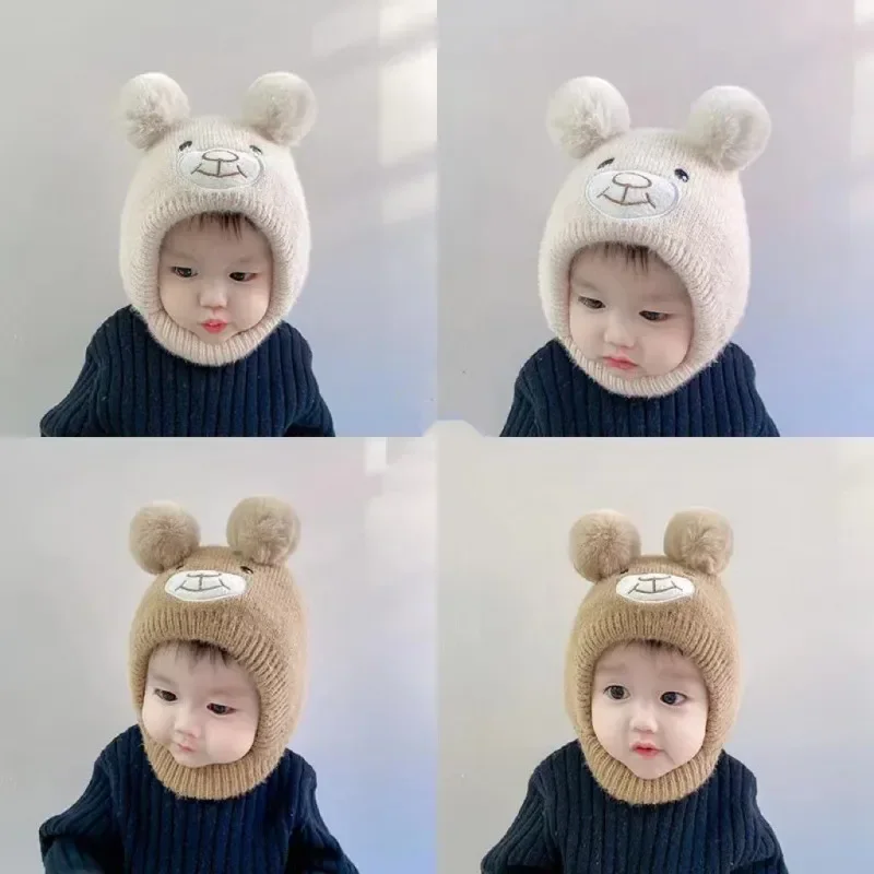 만화 아기 비니 모자, 겨울 폼폼 어린이 귀 보호 모자, 귀여운 곰 니트 모자, 목 커버, 유아 소년 소녀 보넷