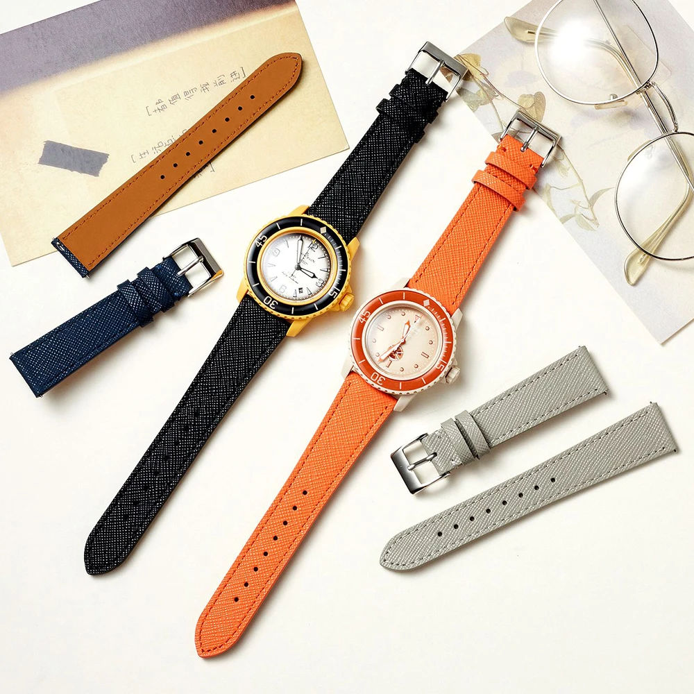 Sleek Tapered Saffiano Leather Quick Release Watch Strap
