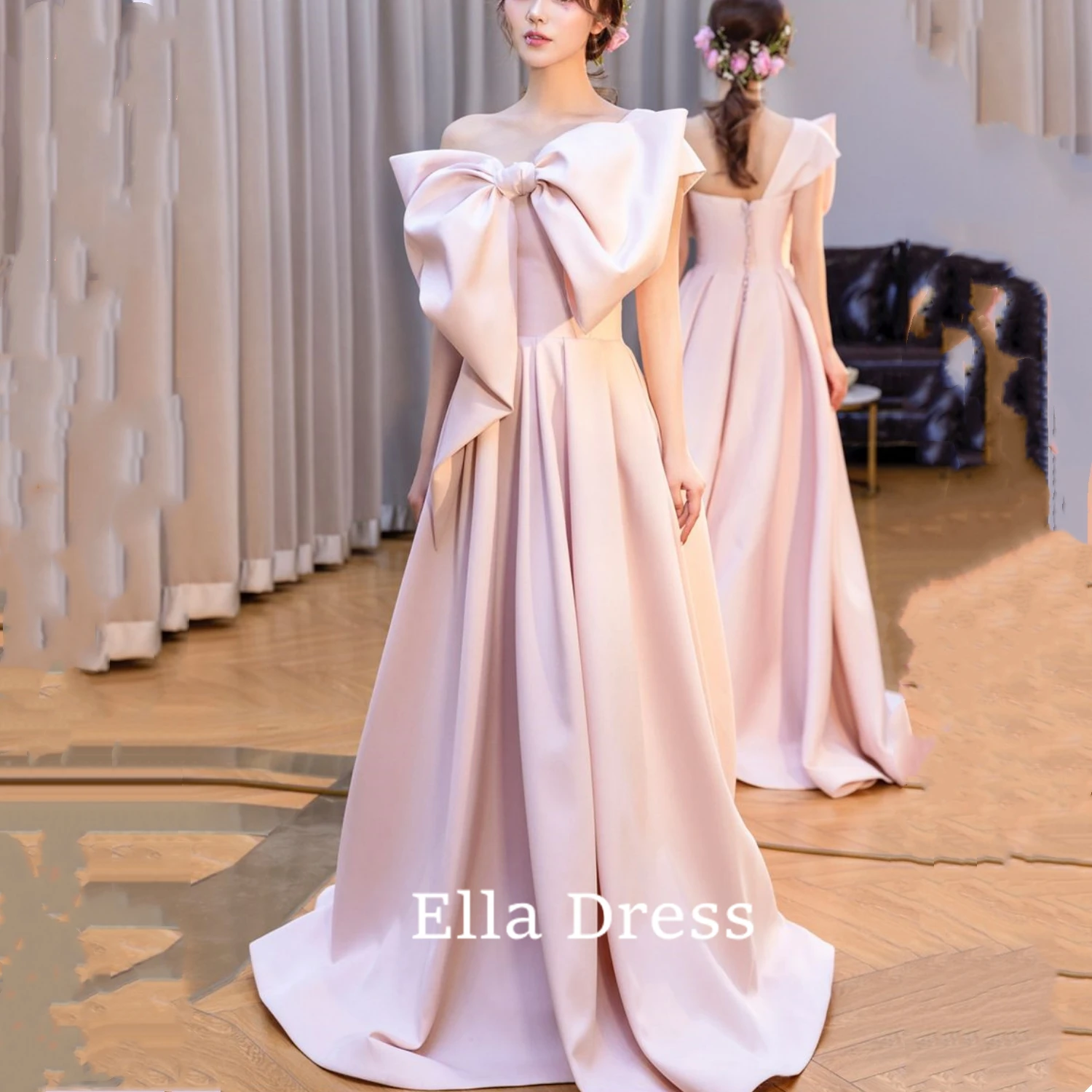 

Ella Pink Bow Evening Gown Off Shoulder Empire Sleeveless Floor Elegant Pleated A Line Tie Party Dress Women