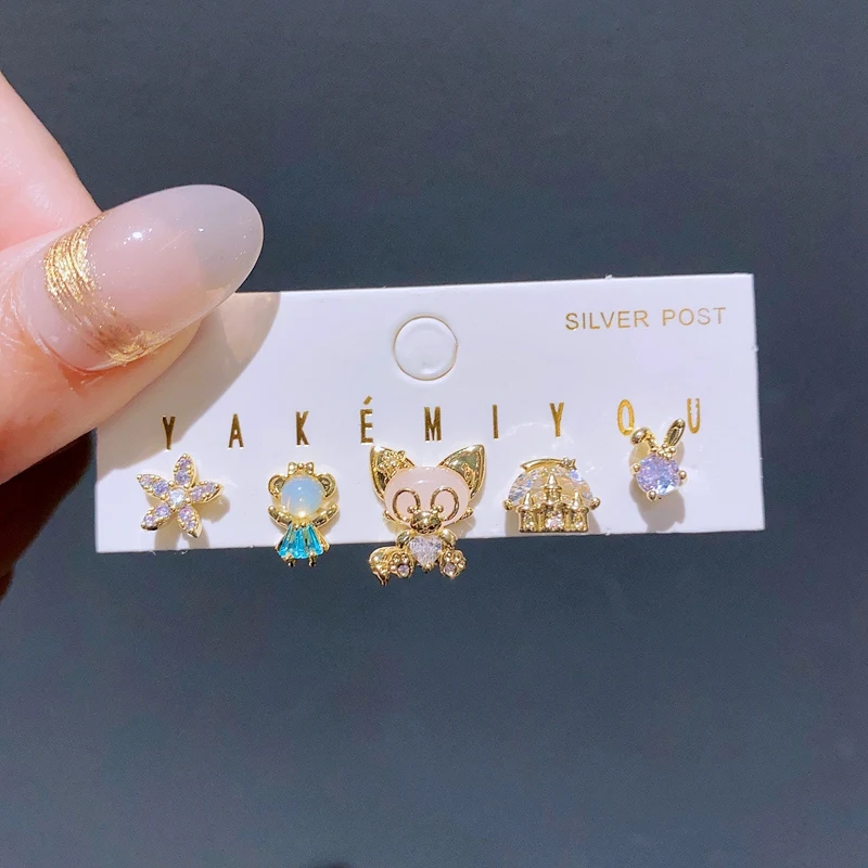 Yakemiyou 5pcs/Set Cartoon Design Stud Earrings for Women Girls Gold Color Cubic Zircon Jewelry 4