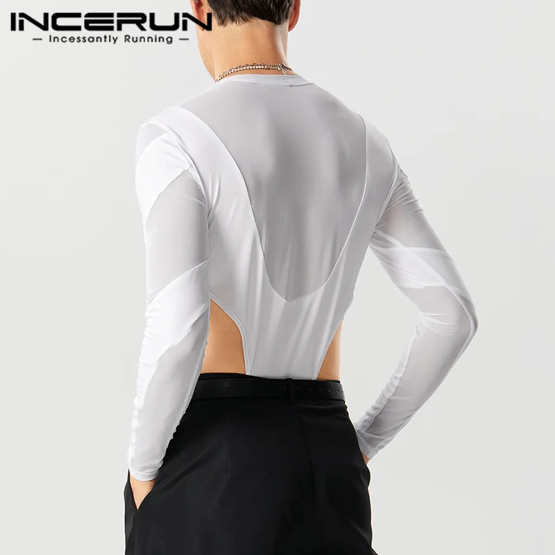 INCERUN 2023 Sexy Men Rompers Fashion See-through Mesh Hole Panel Jumpsuits Casual Solid Comfortable Long Sleeve Bodysuits S-5XL