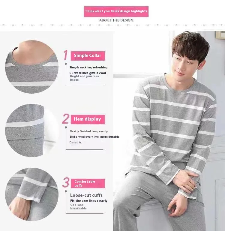Frühling und Herbst Herren Neue Casual Nachtwäsche Langarm Gestreift Herbst und Winter Leichte Herren Teenager Homewear Set – Detail 5