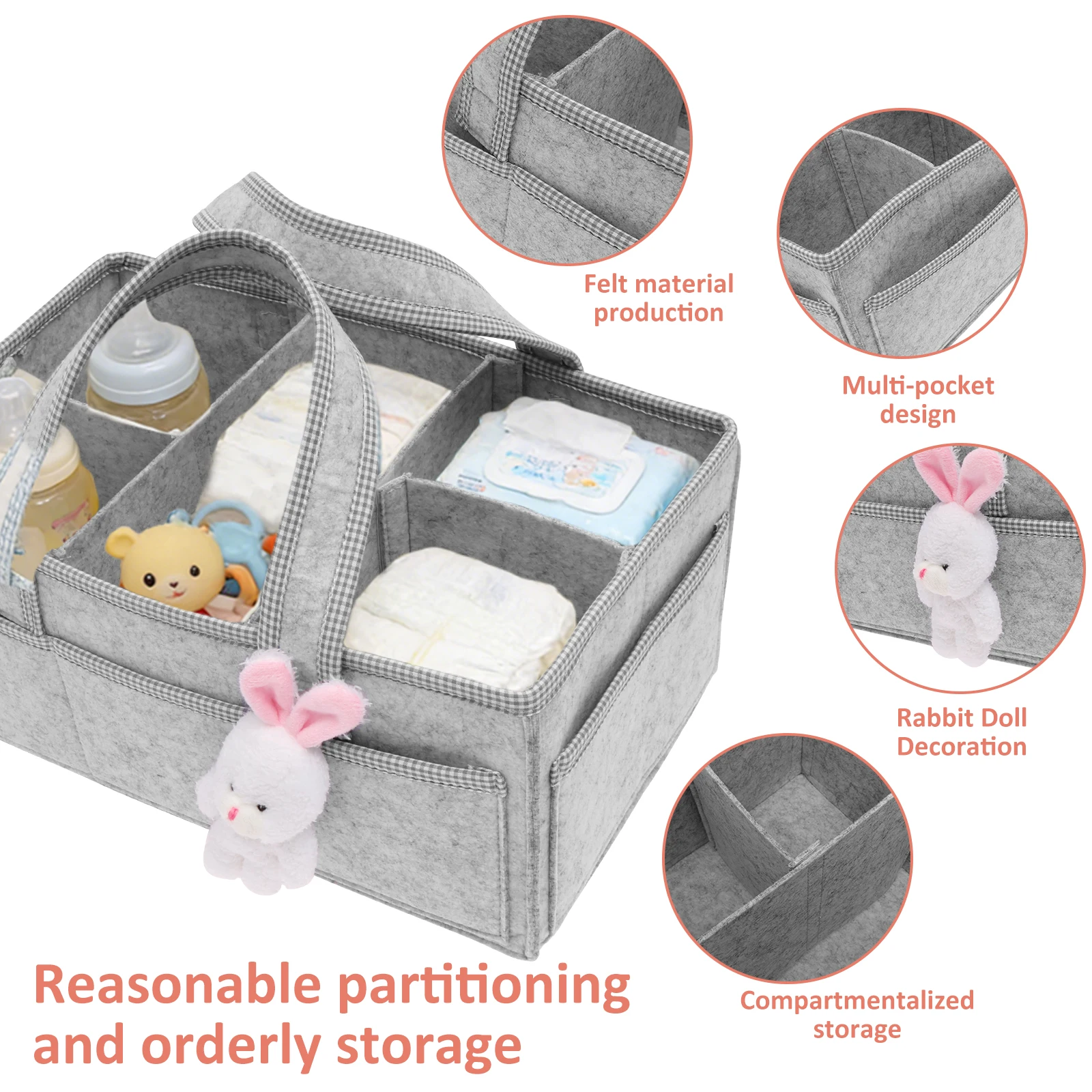 Baby Diaper Caddy Felt Baby Diaper Organizer with 5 Compartments Portable Nursery Storage Basket Nappy Diaper Changing Organizer