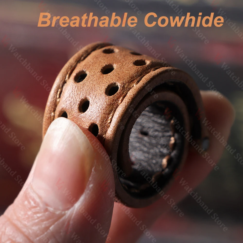 Universal Genuine Cowhide Leather Watch Band with Butterfly Buckle - Vintage-Style Breathable Strap