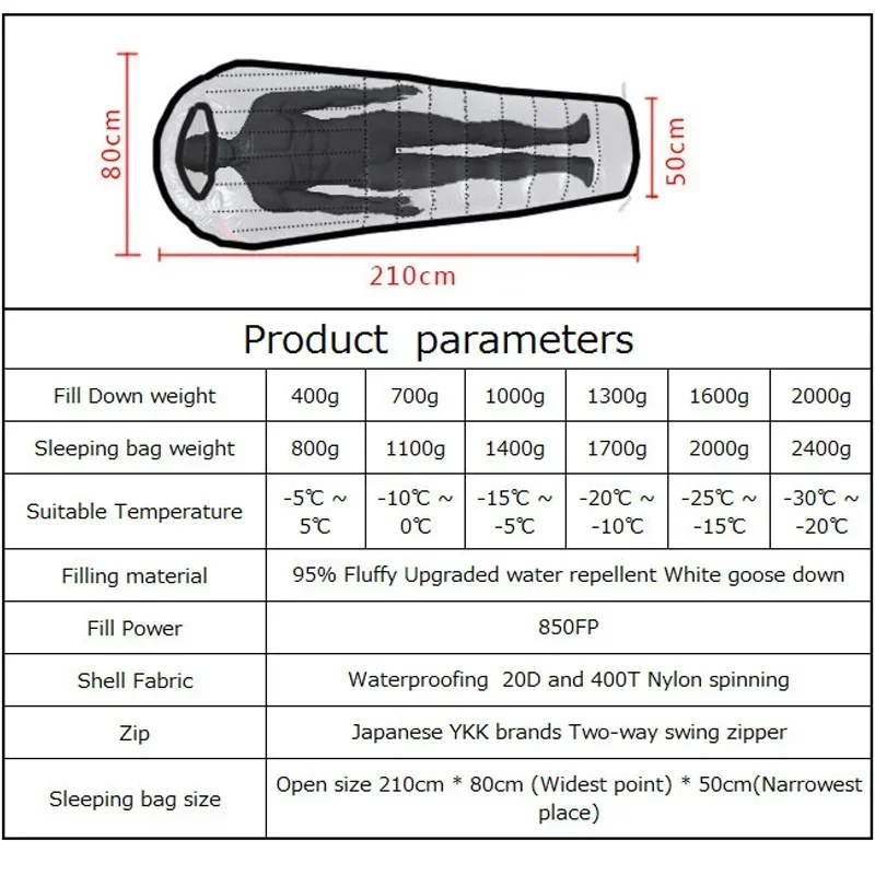 Upgraded High-grade White Goose Down Camping Sleeping Bag with Water Repellent Treatment Warm Insulated Fit for Cold Weather sleeping bag,survival sleeping bag