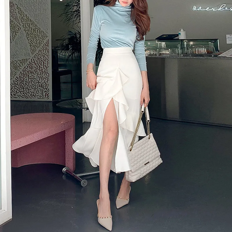 Free Shipping 2022 New Elegant ol Long Mid-Calf Skirt Slim Hip Fish Tail Women Mermaid Style Sexy Summer White Skirts XS-3XL