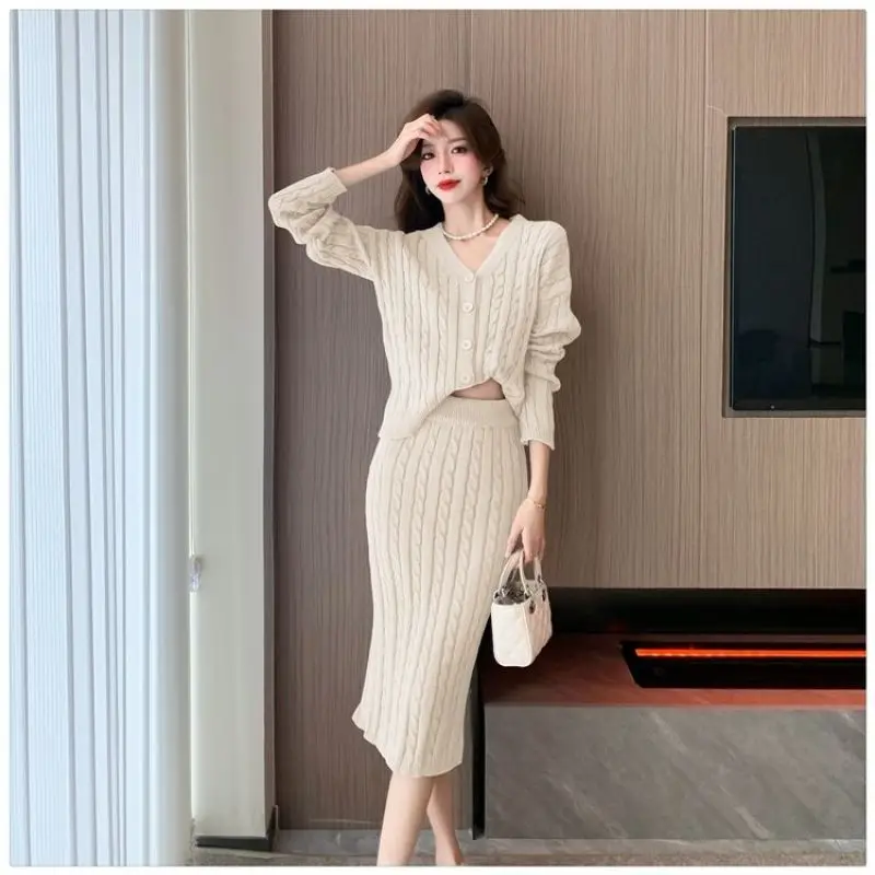 

Spring Autumn Korean Gentle Style Fried Dough Twists V-neck Sweater Knitted Cardigan+hip Wrap Skirt Two-piece For Women