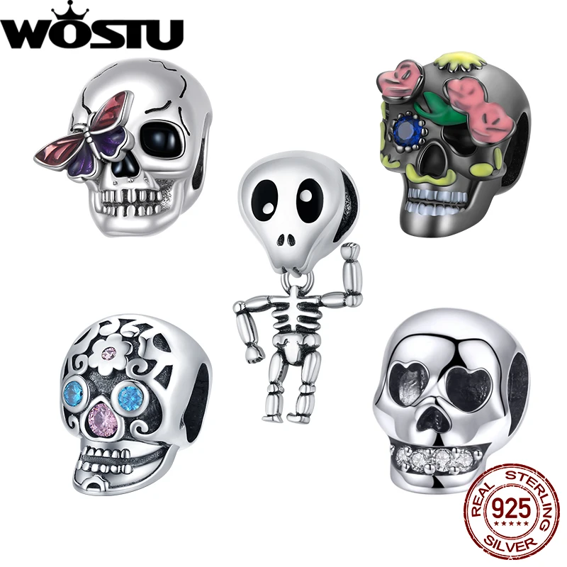 

WOSTU 925 Sterling Silver Vintage Black Diablo Series Skull Beads Rainbow Zircon Beads For Women Fit Bracelet Bangle originales