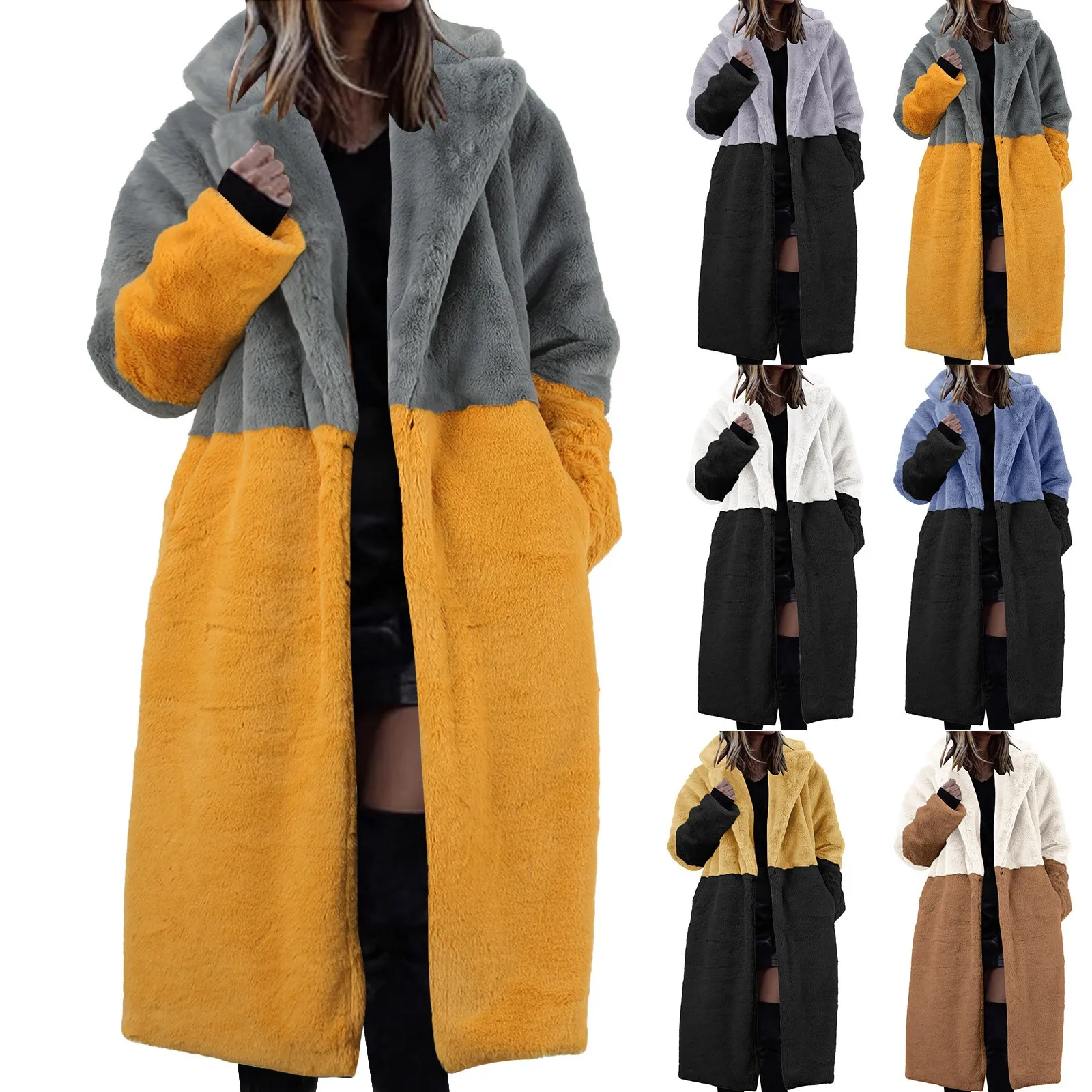 

Womens Winter Warm Lapel Faux Fuzzy Coat Jacket Overcoat Mink Fleece Spliced Mid Length Coat Suit Collar Mad Coat Women