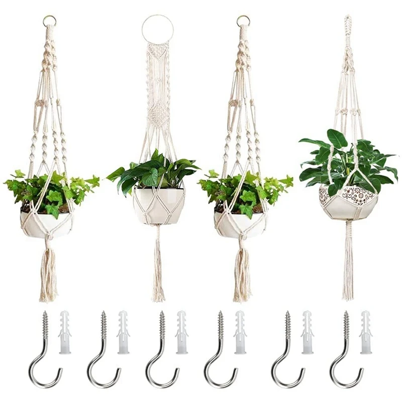 

Macrame Plant Hangers, Set Of 4 Indoor Hanging Planter, Handmade Hanging Plant Basket Stand Holder, Cotton Rope, 4 Legs