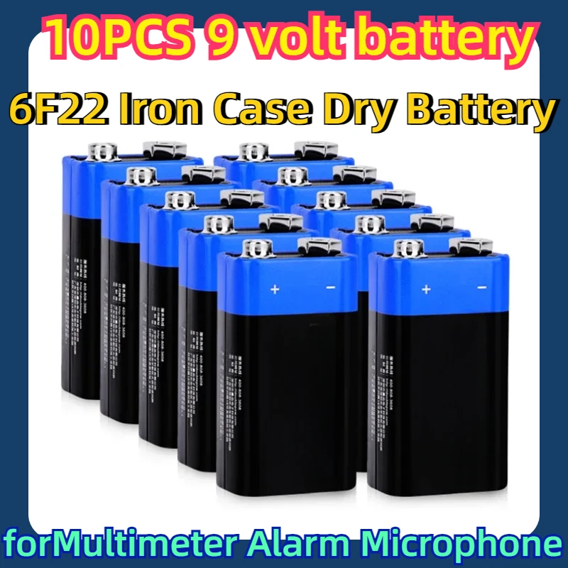10PCS 9 volt battery 9V Disposable Carbon Multimeter Alarm Microphone 6F22 Iron Case Dry Battery