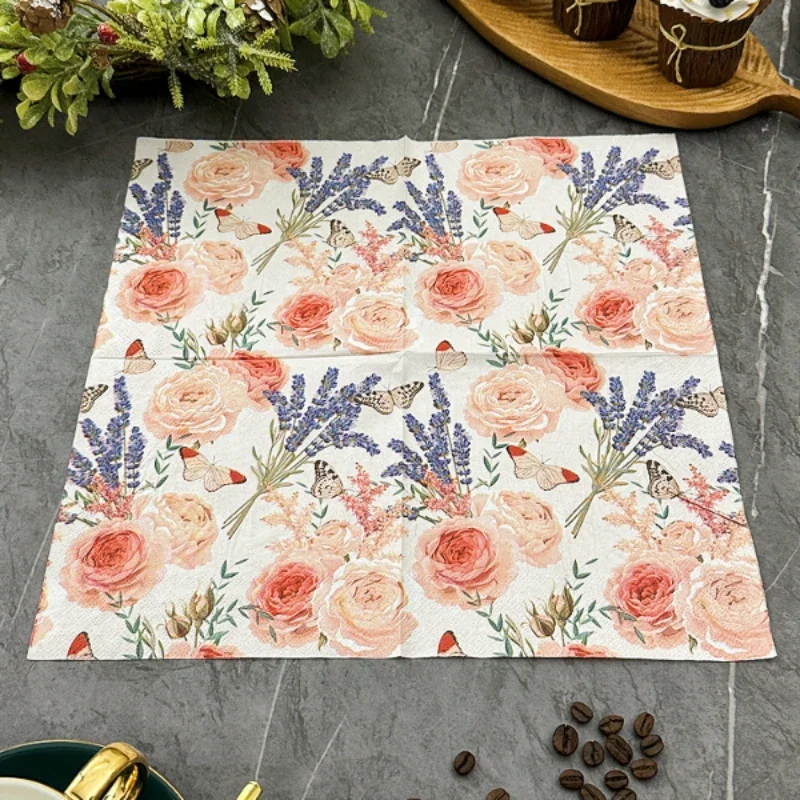 Restaurant Upscale Colourful Printed Paper Napkin Napkin Household Dining Table Mouth Cloth 33cm Pink Floral Facial Tissue Paper