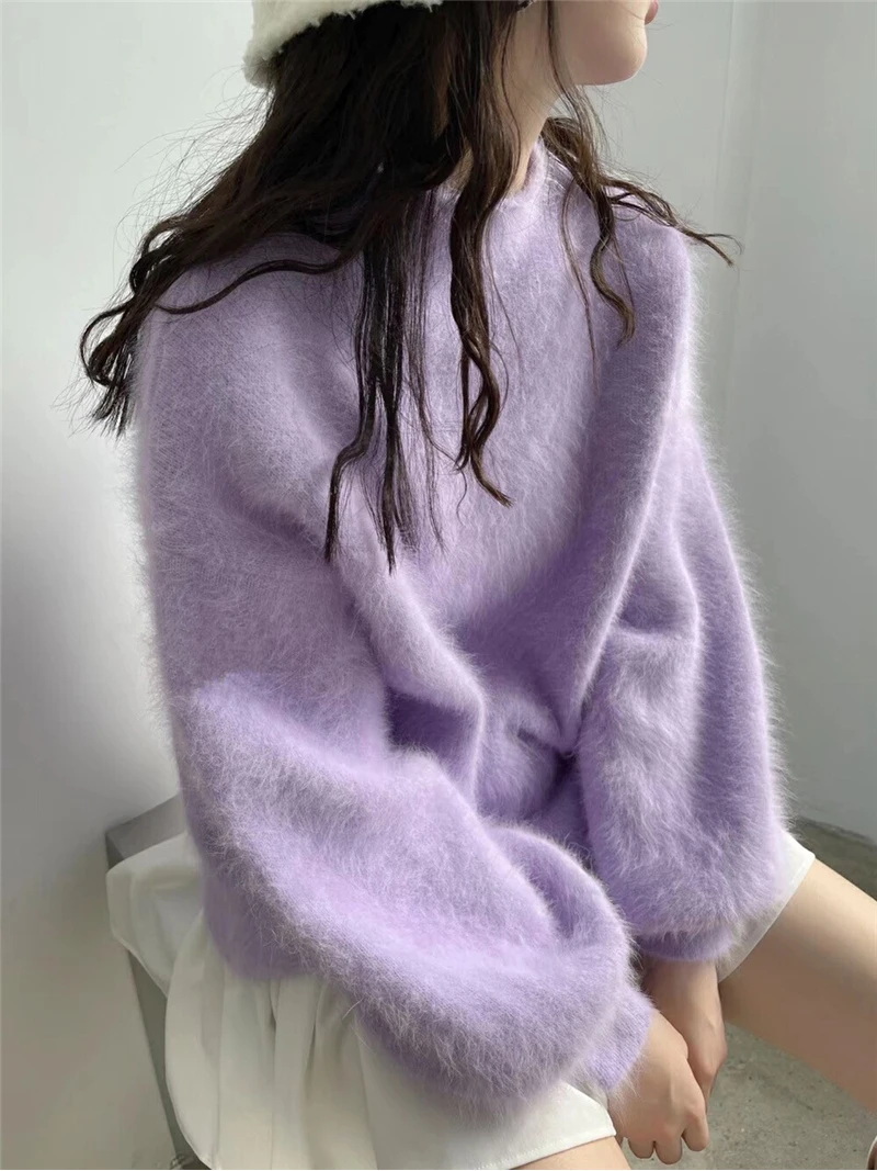 

Limiguyue Half Turtleneck Knitted Sweater Lantern Sleeve Half Turtleneck Mink Cashmere Pullovers Vintage Autumn Winter Soft Warm