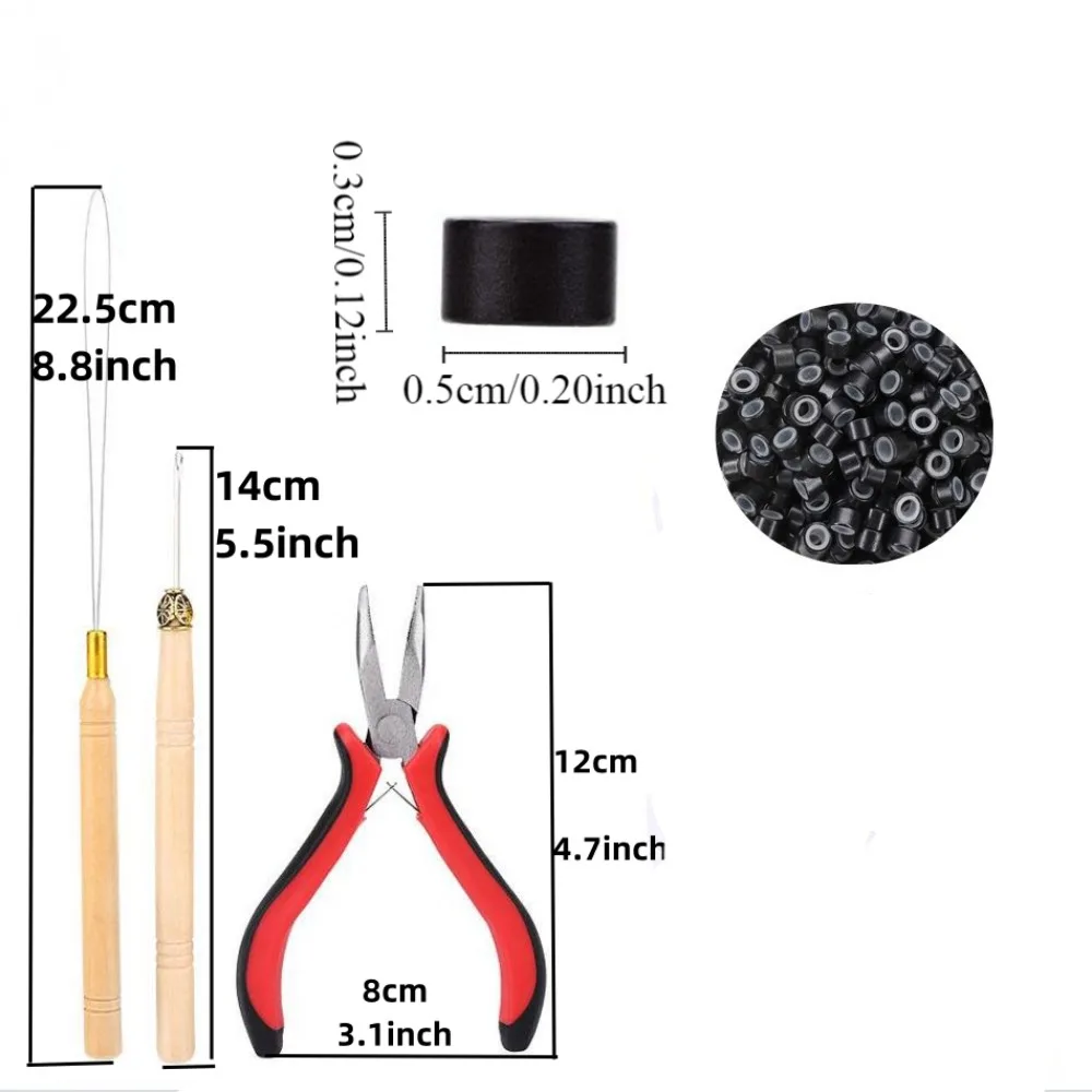 Hook Needle Hair Extensions Tools Kit Crochet Hook Pulling Needle 500pcs Micro Ring Beads DIY Silicone Rings Micro Beads Plier