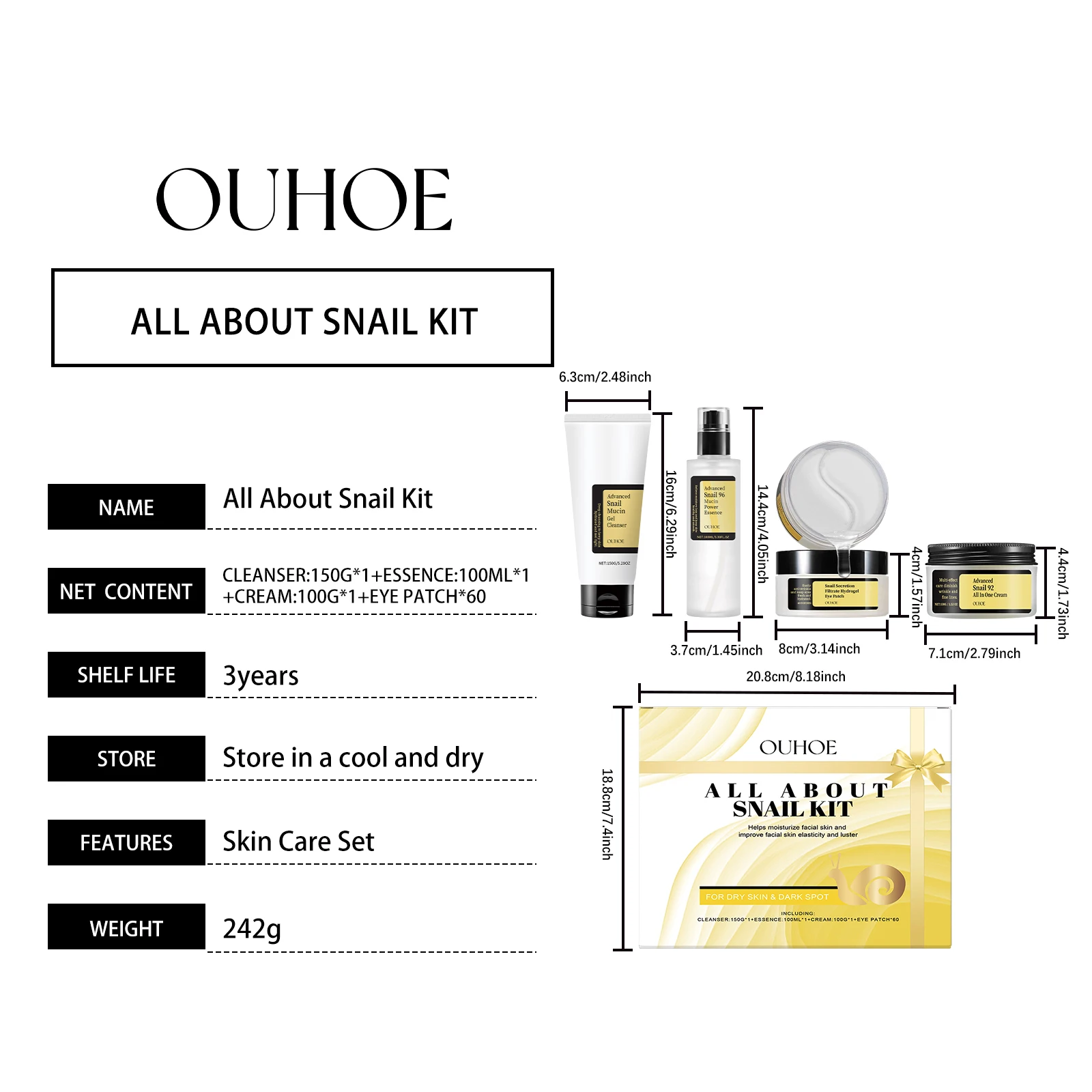 Snail Mucin Skin Care Set Fade Fine Lines Repair Tighten Firming Moisturizing Smooth Glow Brightening Facial Essence Gift Box
