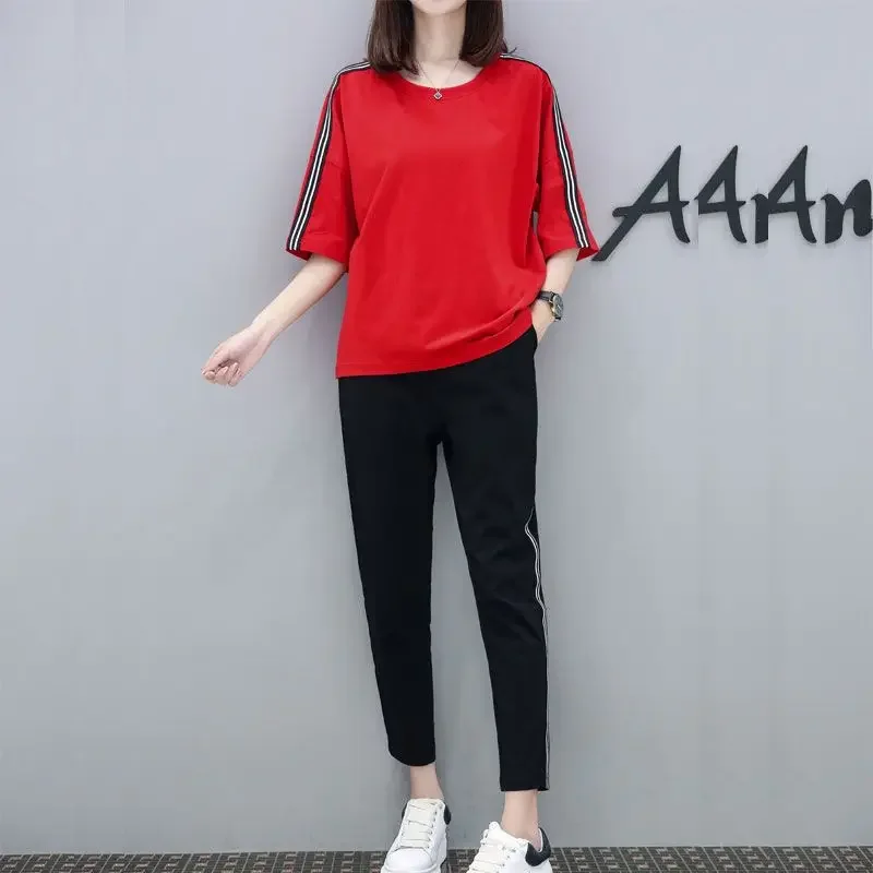 Women Sports Suit Autumn Fashion Loose Half Sleeve Ankle-length Pants Two-piece