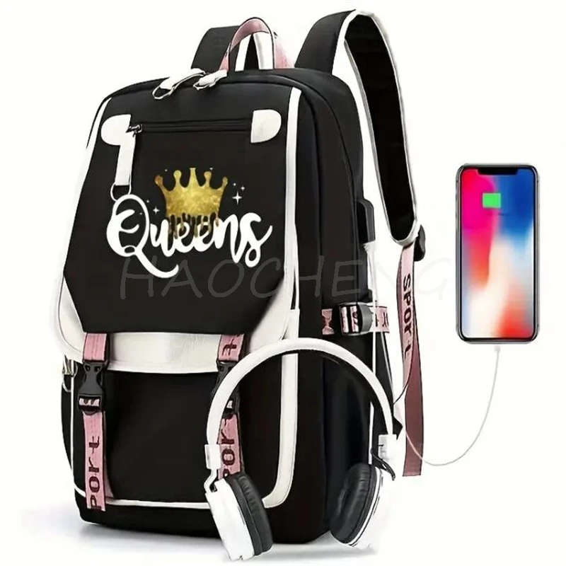 Backpacks USB Capacity Golden Queens Print For Teens Women Girls Canvas Schoolbag Student Book Bag Patchwork School Mochilas