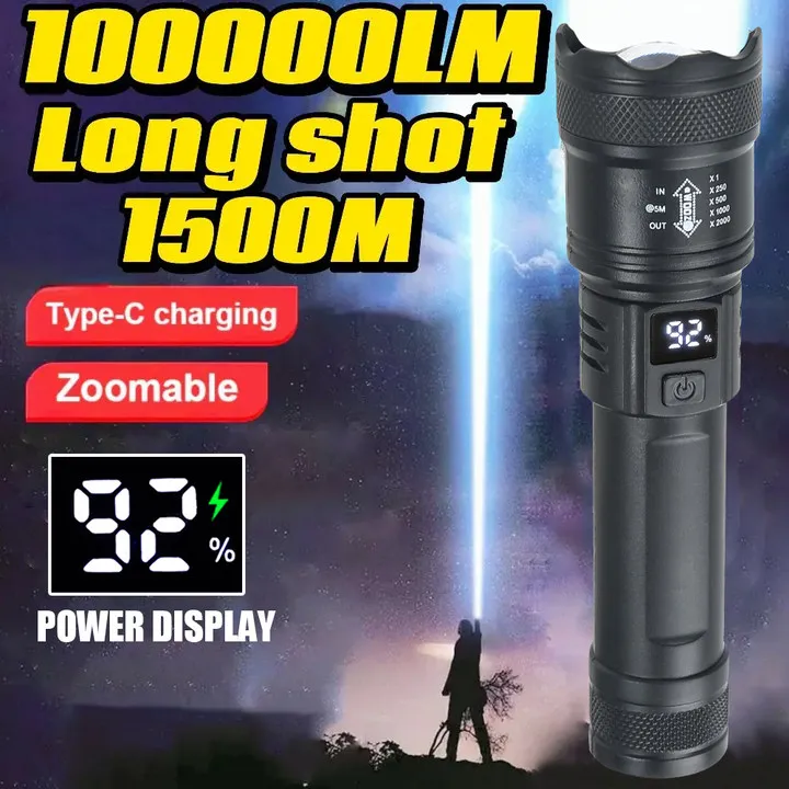 High Strong Power LED Flashlight Bright Tactical Torch with Display Light USB Charging Camping Fishing Emergency Zoom Lantern