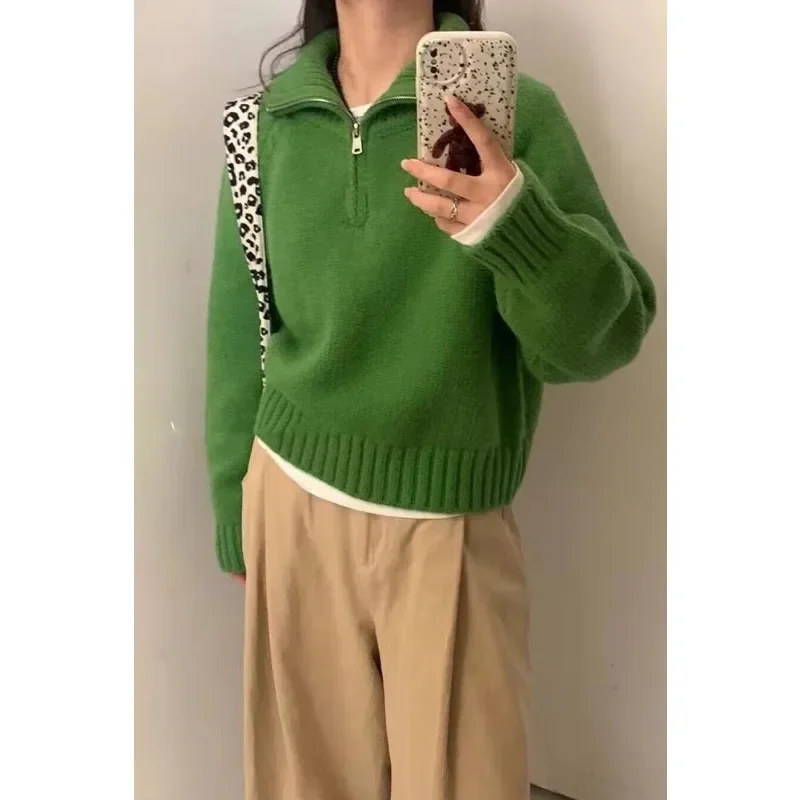 New Autumn and Winter Women's Clothing Long-sleeved Semi-turtleneck Zipper Sweater Solid Color Casual Women's Pullover Shirt