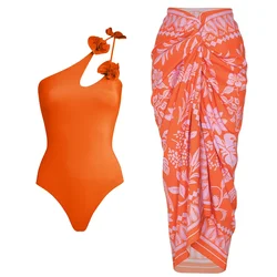 2023 Vintage 3D Flower Decor Yellow One Piece Swimsuit and Skirt Swimwear Set Women Beachwear Luxury Bathing Suit