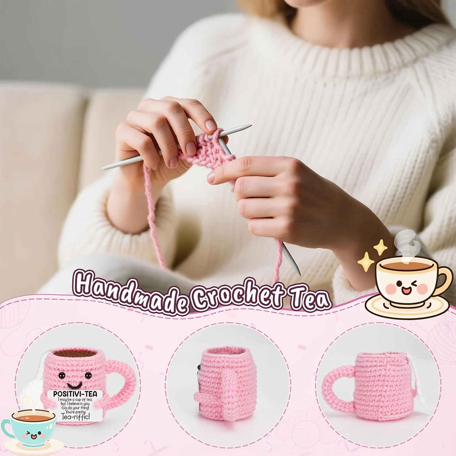 Handmade DIY Crochet Mini Teacup Kit Pink Color Cute Gift for Teachers Friends Birthday Party Decor Emotional Support