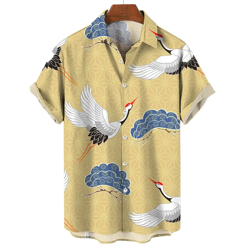 Retro Animal Hawaiian Shirt Men 3d Crane Print Short Sleeved Loose Casual Oversized Shirts Street Harajuku Tops Button Blouse 5