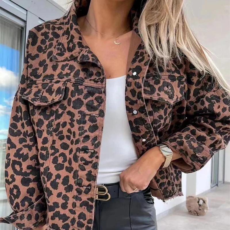 

Женская джинсовая куртка с длинным рукавом, однобортная Свободная куртка с отложным воротником и леопардовым принтом, лето-осень 2023