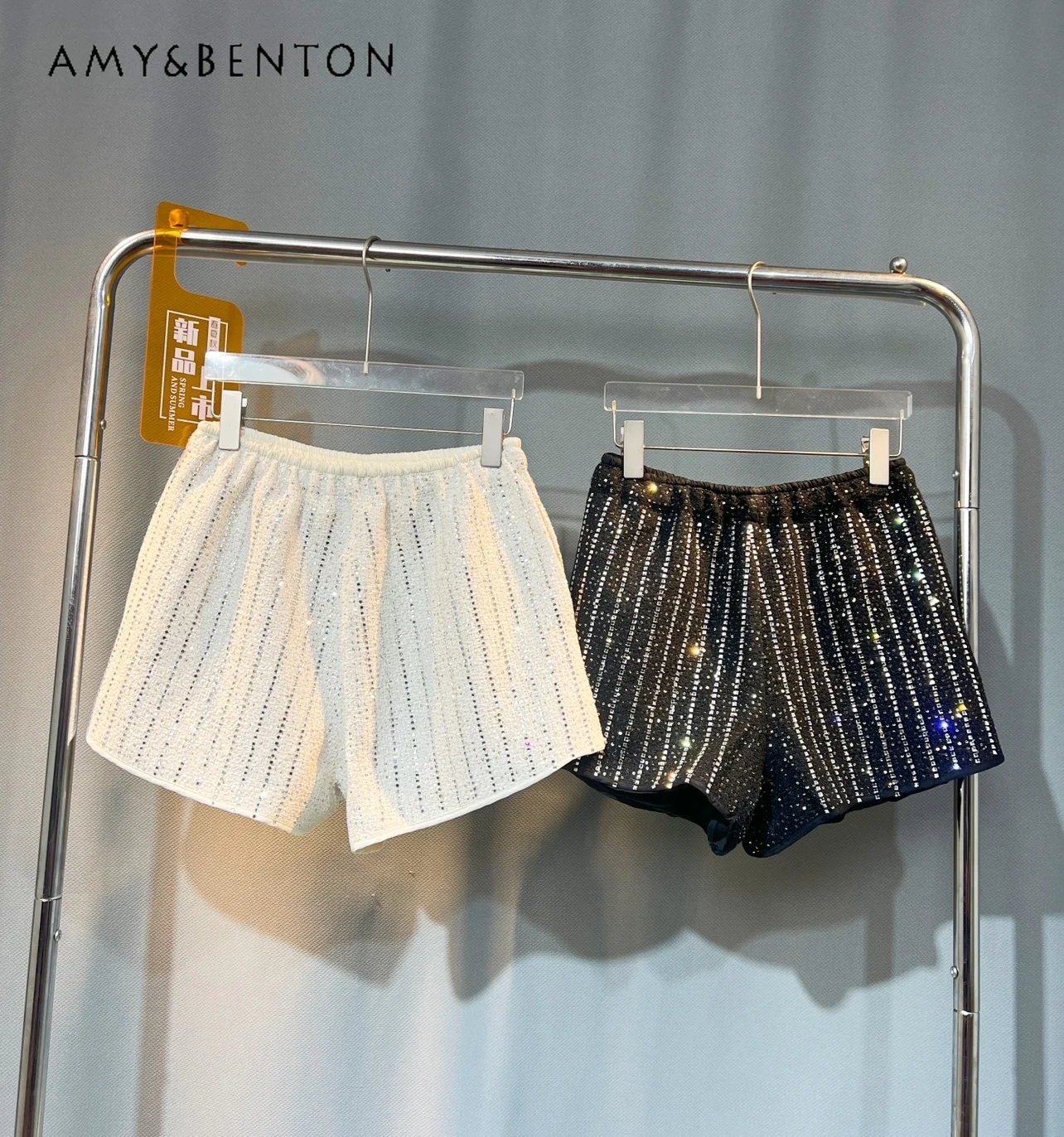 european-station-spring-fashion-elastic-waist-shorts-heavy-embroidery-hot-drilling-versatile-shorts-shiny-a-line-wide-leg-pants