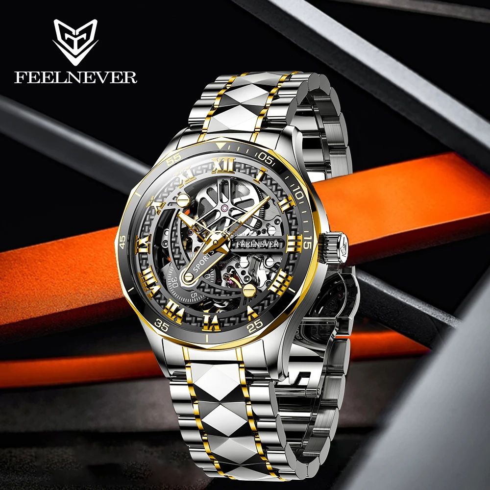 

FeelNever Skeleton Mechanical Men Watches 41MM Luxury Sapphire Crysta Tungsten Roma Nuumber Waterproof 3C Automatic reloj hombre