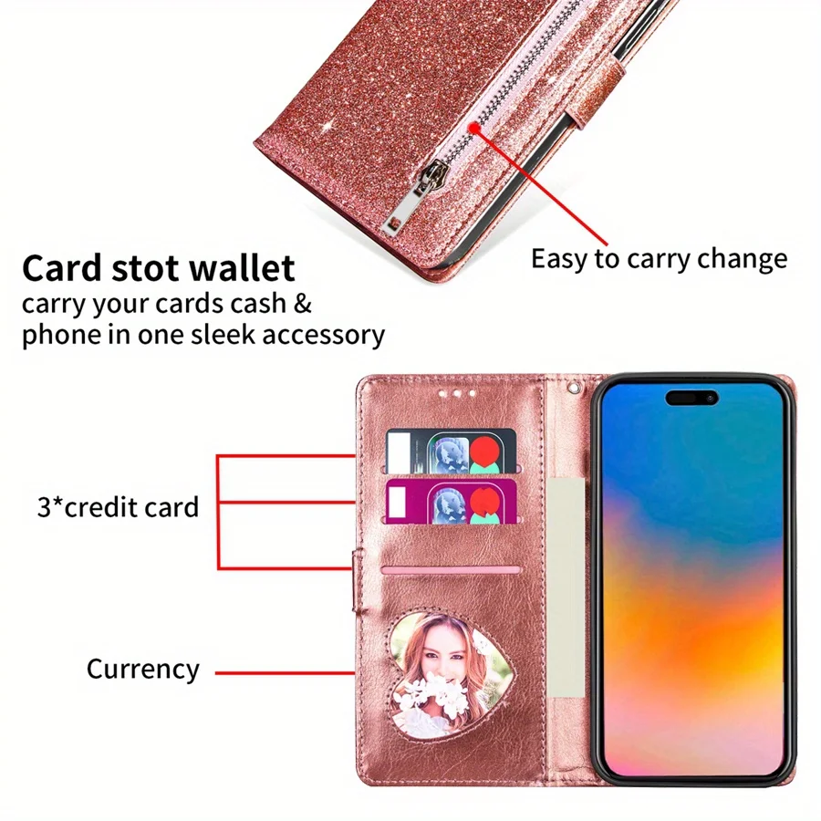 Glitter Zipper Magnetic Flip Leather Wallet Case with Card Slot and Hand Strap