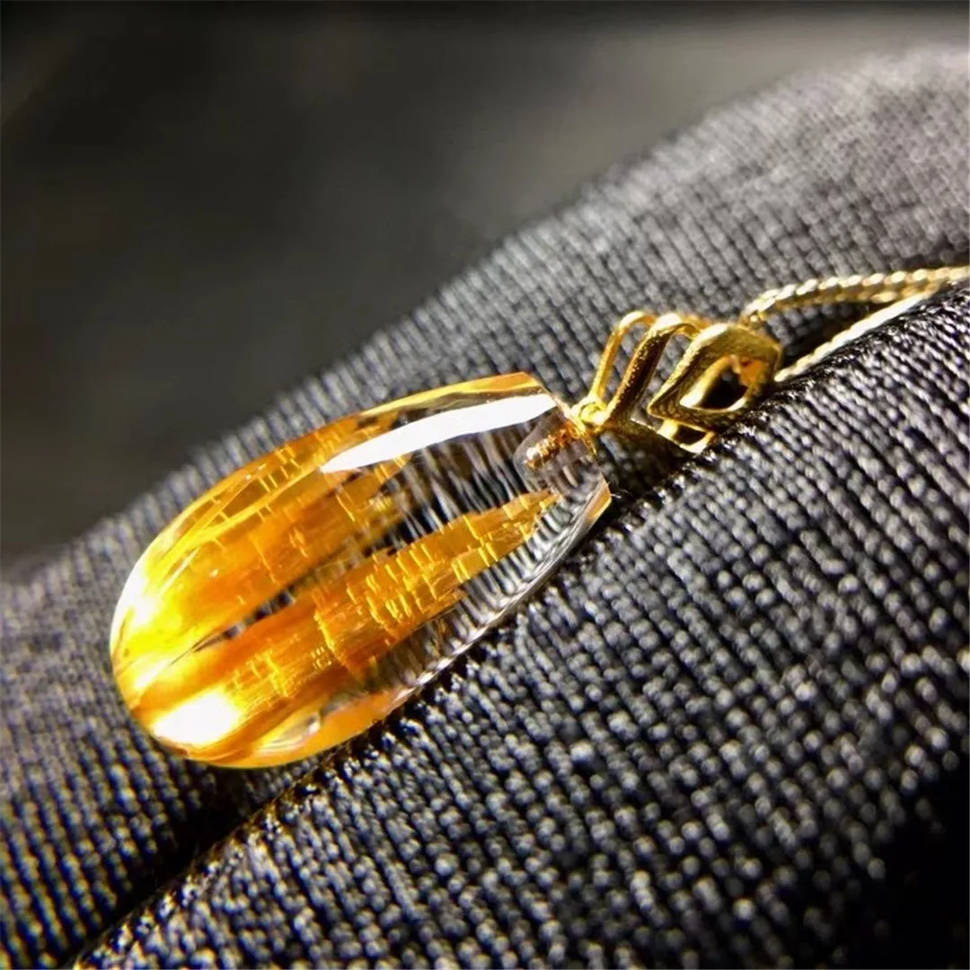 

Natural Gold Rutilated Quartz Pendant Necklace Jewelry For Woman Lady Man Gift 18K Gold Energy Crystal 15x8mm Beads AAAAA
