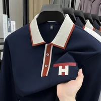 Polo à manches longues pour hommes, 100% pur coton, léger, de luxe, à la mode, nouveau article d'automne, T-shirt de Base à col de papa d'âge moyen 1