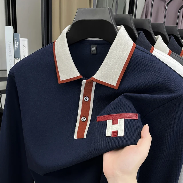 Polo à manches longues pour hommes, 100% pur coton, léger, de luxe, à la mode, nouveau article d'automne, T-shirt de Base à col de papa d'âge moyen 1