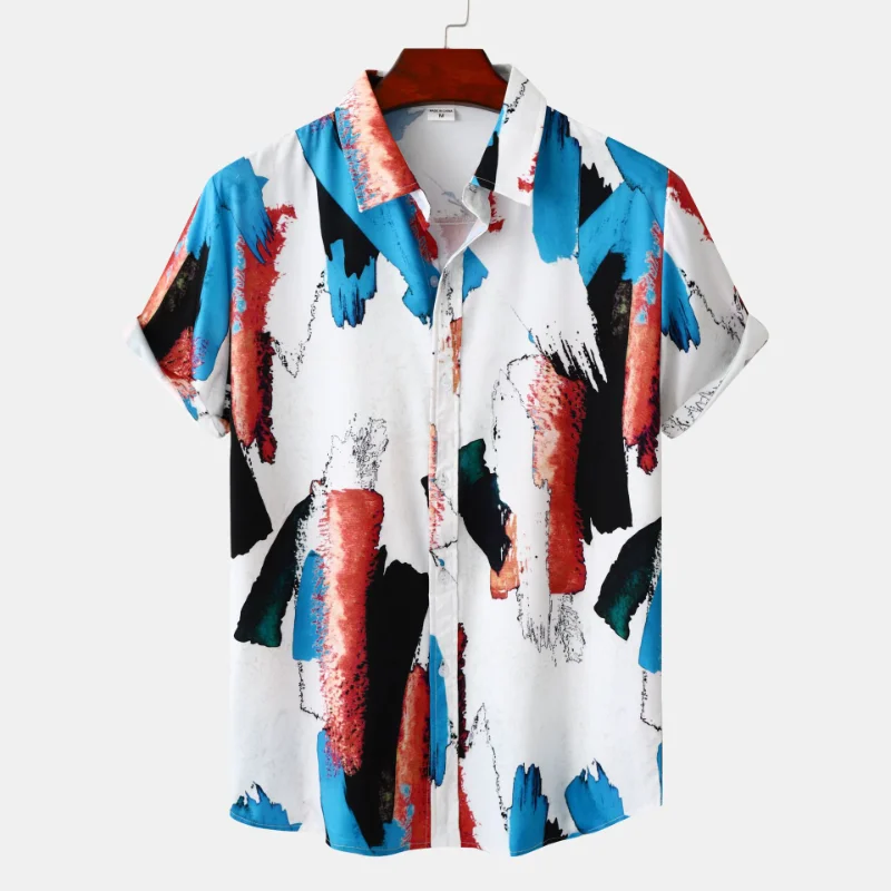 

Men Clothing 2023 Men's Shirt Summer New Vintage Lapel Print Short Sleeve Loose Shirt Men