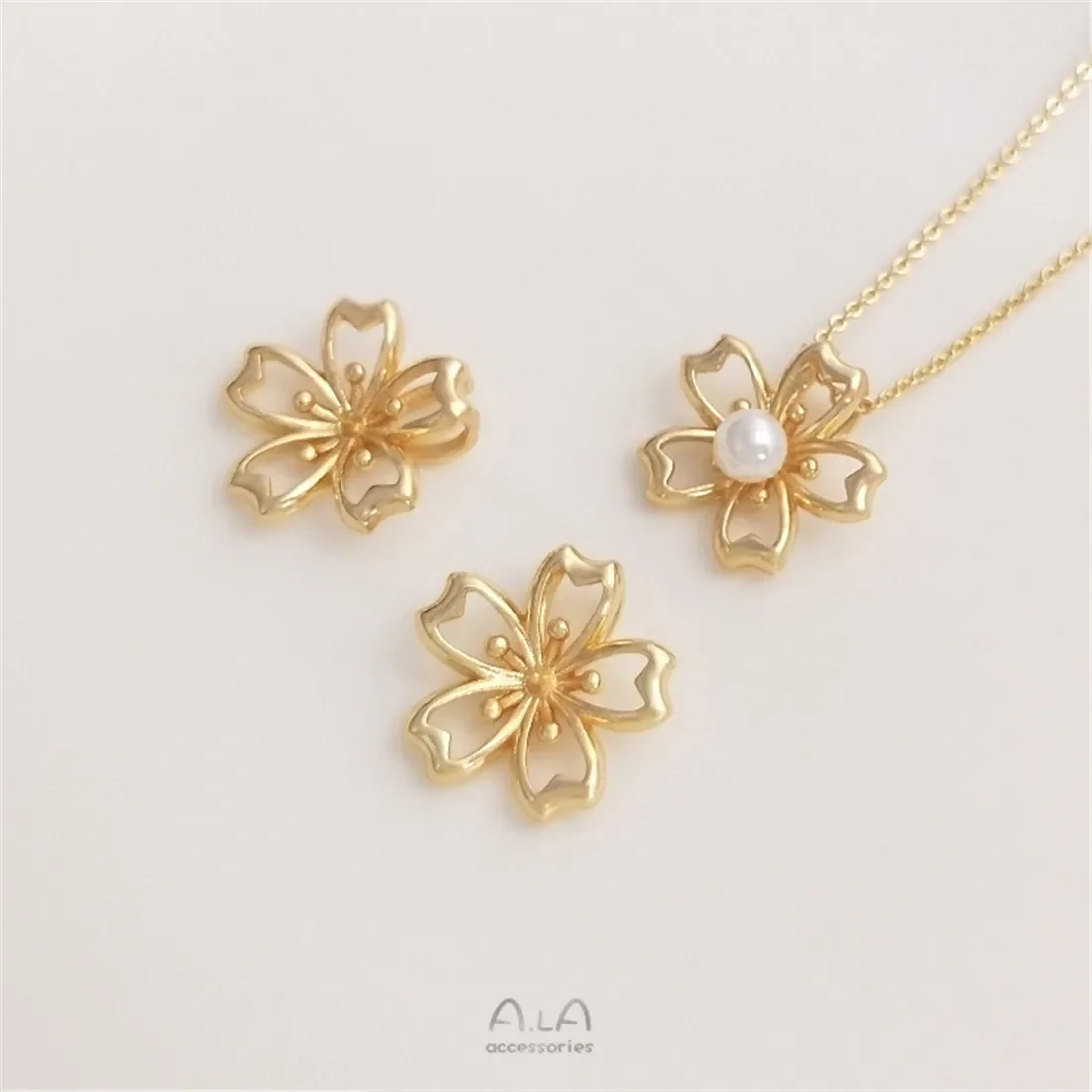 

14K Gold Sakura Necklace Pendant with Half Hole Crystal Pearl Bracelet, DIY Handmade Pendant Accessories Material C369